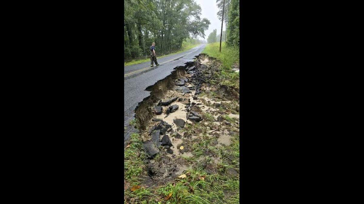Erosion from Tropical Storm Debby caused a long edge of the pavement to crumble on Rivers Hill Road, located west of Grays, S.C. in northern Jasper County.