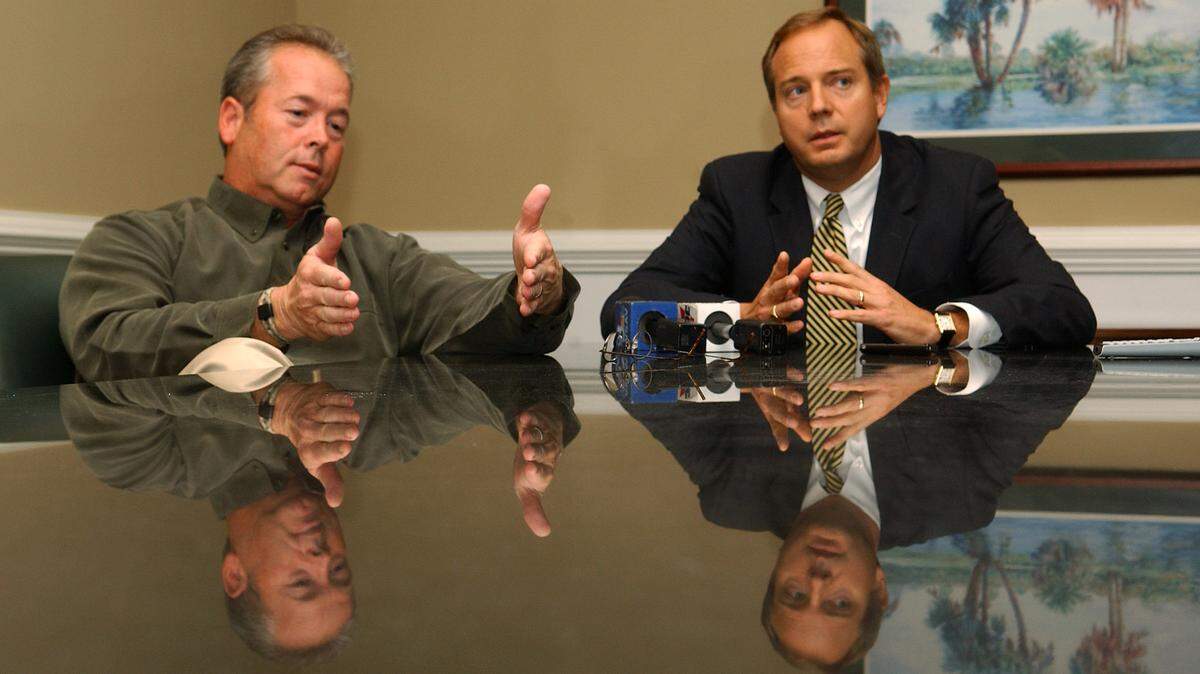 Beaufort County Sheriff P.J. Tanner, left, and 14th District solicitor Duffie Stone hold a press conference on Thursday at the solicitor's office in Bluffton. The two discussed recent developments in the case of the 1987 disappearance of Beaufort youngster Paul Baker.