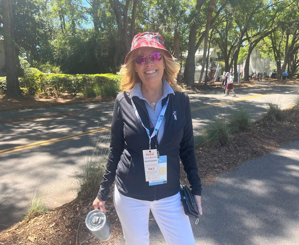 Kathy Sangiuliano in her one (of many) tartan plaid bucket hats