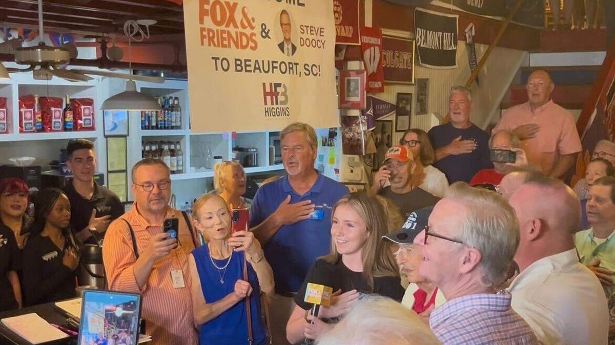 Pledge of Allegiance at Blackstone’s Cafe during Fox & Friends “Main Street USA Tour” in Downtown Beaufort on Aug. 19, 2025.