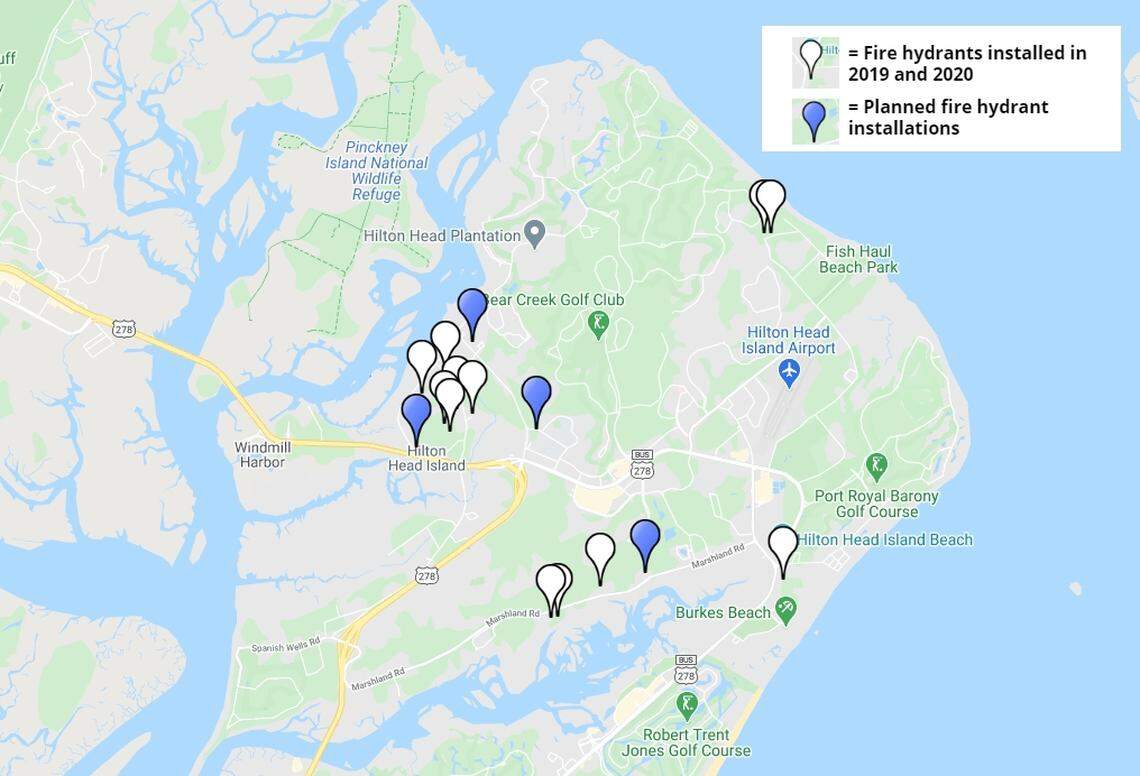A graphic shows where fire hydrants were installed on Hilton Head Island in 2019 and 2020. The blue markers show planned fire hydrant installations.