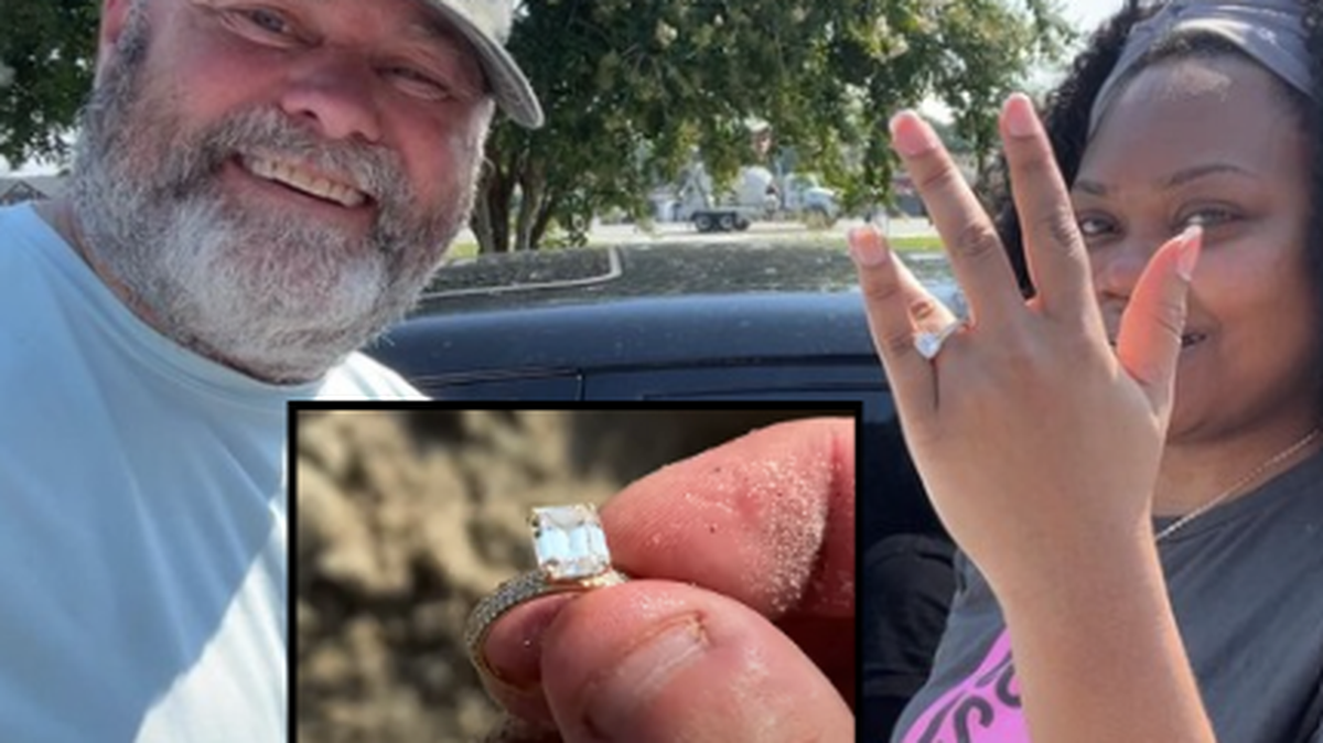 Local metal detector operator Moye Howard poses for a photo with Amber Davis after finding her lost wedding ring on Folly Field Beach in late June. Davis, a Hilton Head resident, connected with Howard through a community Facebook group. “I thought I would never see it again,” she wrote in a post online. “Thank you again, Moye! You are truly a blessing!”