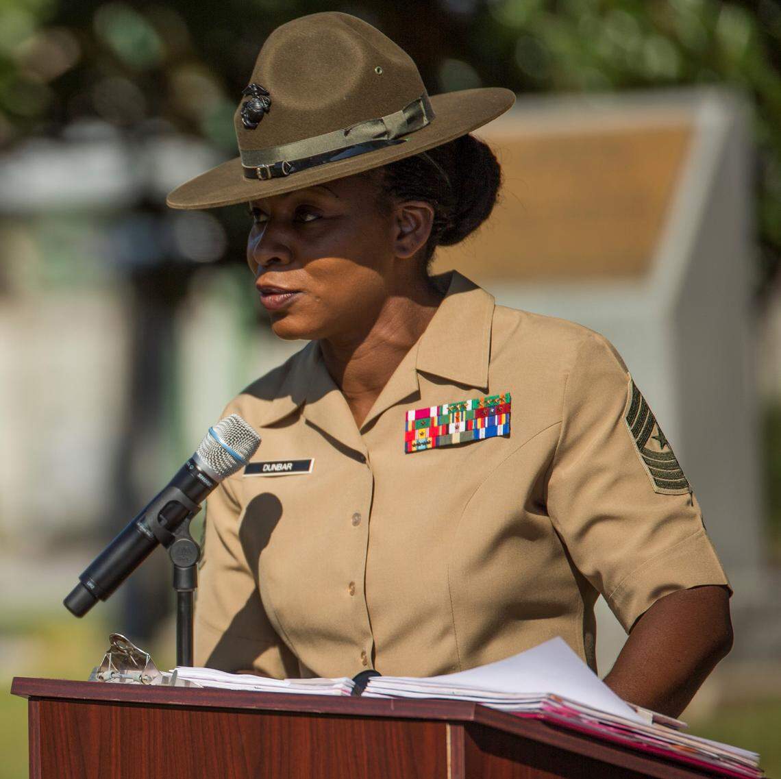 Sgt. Maj. Donna Dunbar, the sergeant major of 4th Recruit Training Battalion, rededicates the Molly Marine statue Oct. 16, 2015, as part of the centennial celebration on Parris Island S.C. The statue bears the inscription, “... in honor of women Marines who serve their country in keeping with the highest traditions of the United States Marine Corps.” This is a replica statue of the original Molly Marine monument located in New Orleans, which was first erected in 1943, the year the women’s reserve first activated.