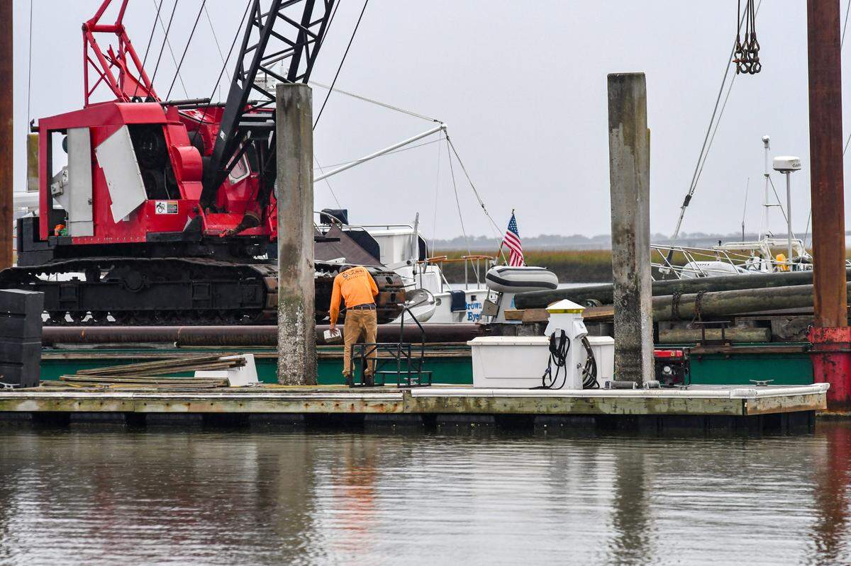 O’Quinn Marine Construction is working on repairs to the docks at Beaufort’s Downtown Marina.