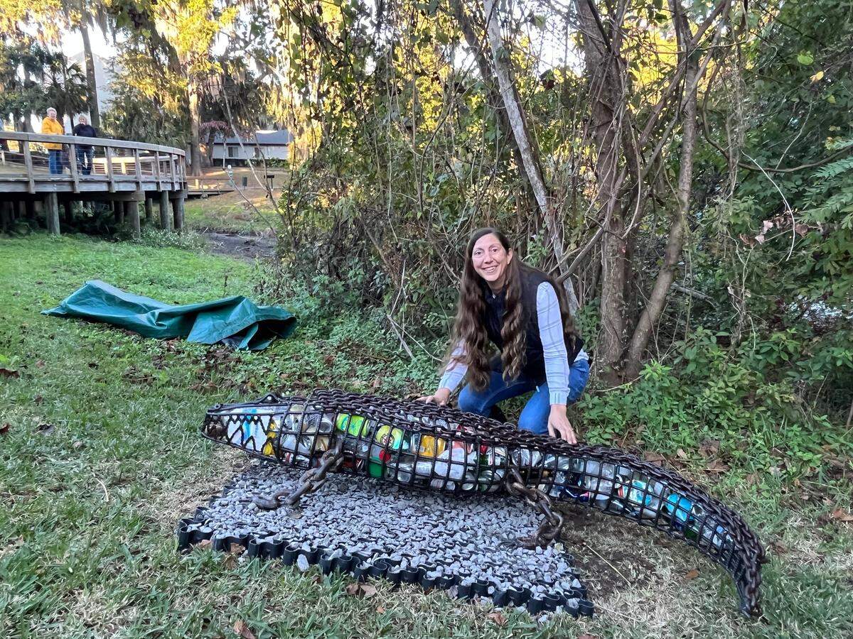 Cathy Pender Emmert, a metal artist, created this 7 1/2-foot-long alligator using chain, rebar and other materials. It’s now on permanent display at the Cypress Wetlands and Rookery in Port Royal, where real alligators live. Filled with litter, the artwork is a reminder to visitors how harmful garbage is to wildlife.