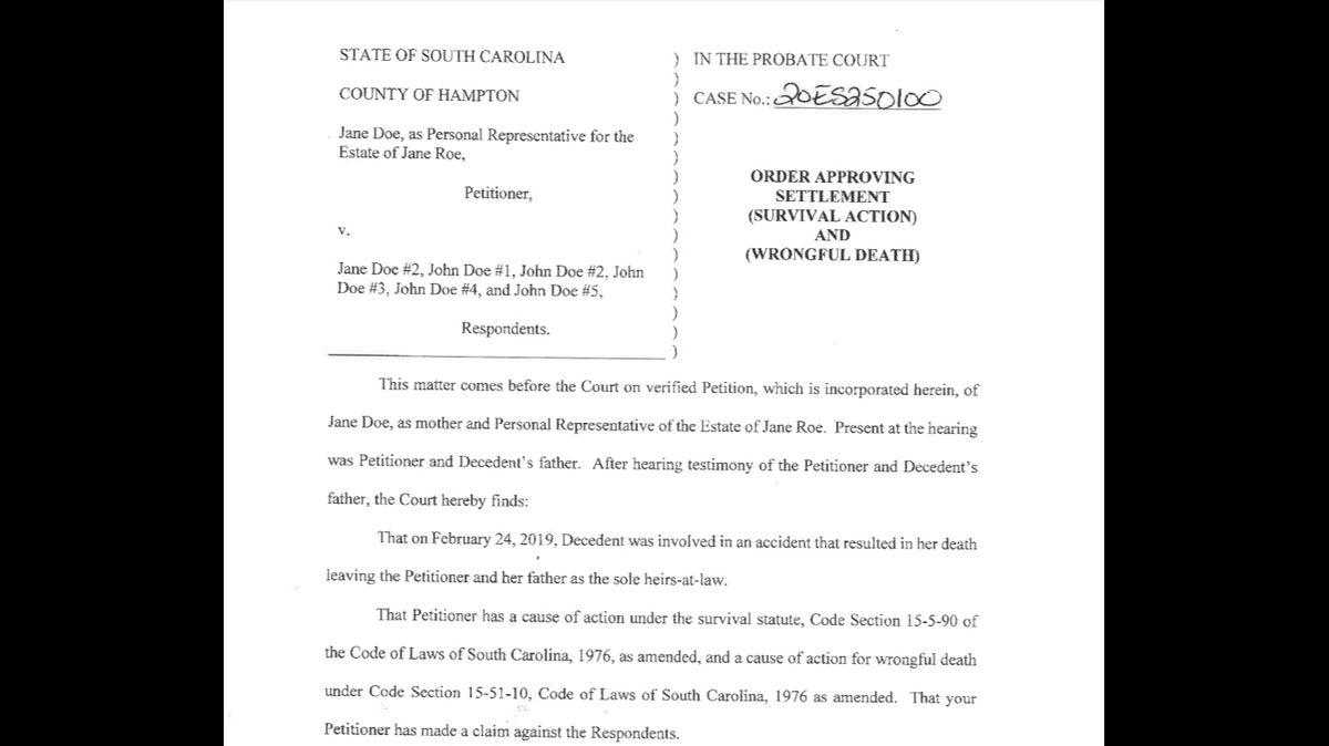 A screenshot of the approval for a $1.7 million death settlement filed in Hampton County Probate Court and signed by a judge on June 28, 2021. The details of the case have striking similarities to that of the Mallory Beach family.