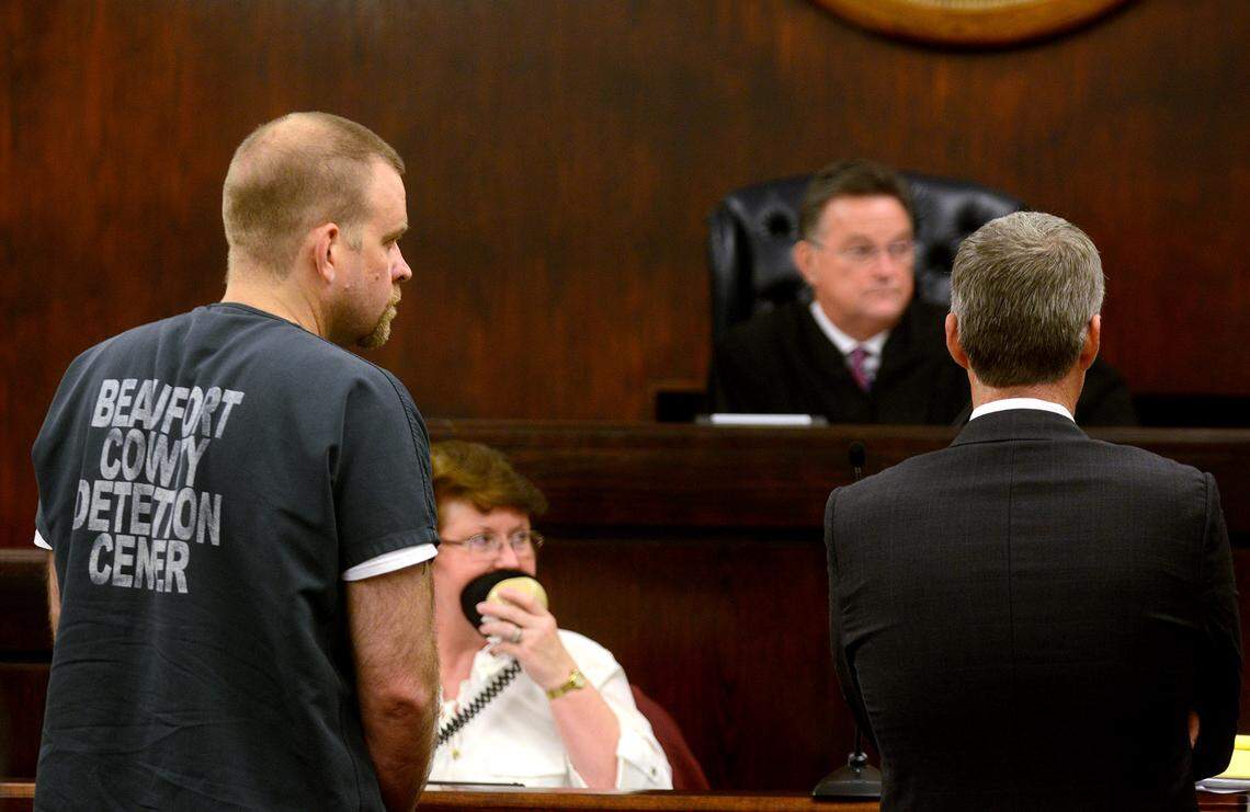 Sam Collins, left, and his defense attorney Mitchell Farley listen as Deputy Solicitor Sean Thornton addresses Judge Michael Nettles during the bond hearing for Collins on Thursday afternoon at the Beaufort County Courthouse in Beaufort. Collins, along with his wife Colette Collins, is charged with the murder of Bluffton restaurateur Johnathan Cherol in October 2015.