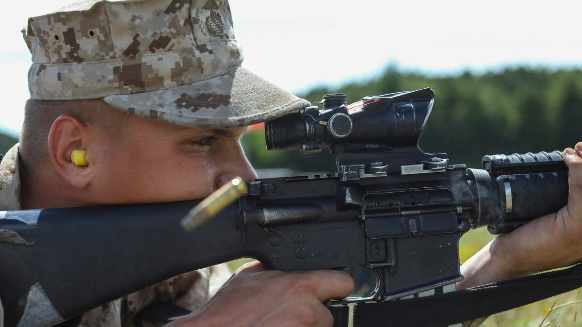 A U.S. Marine Corps recruit fires a M16A4 rifle during training Sept. 5, 2018, at Marine Corps Recruit Depot, Parris Island, S.C.