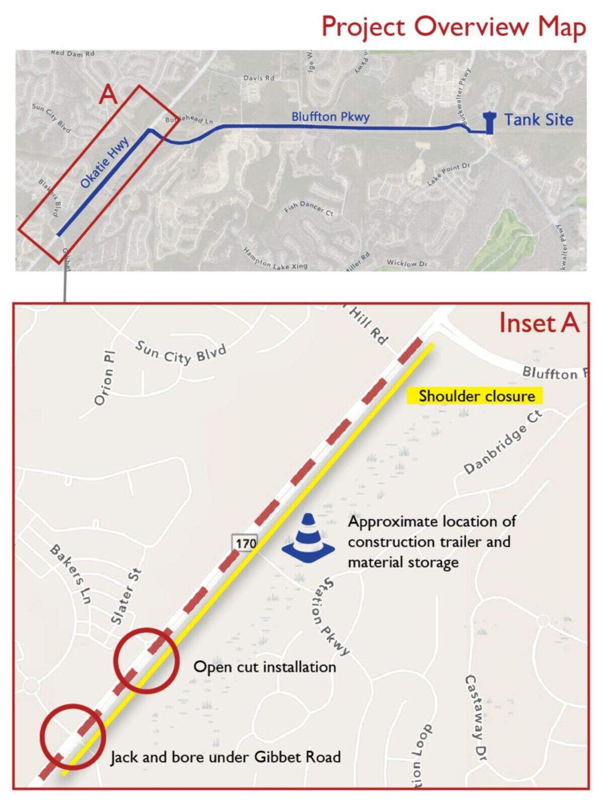 A map of the Bluffton Parkway transmission main and water tower location.