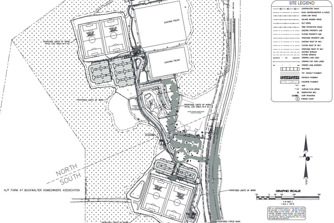 This site map shows the location of four new lighted soccer fields planned at Buckwalter Recreation Center.