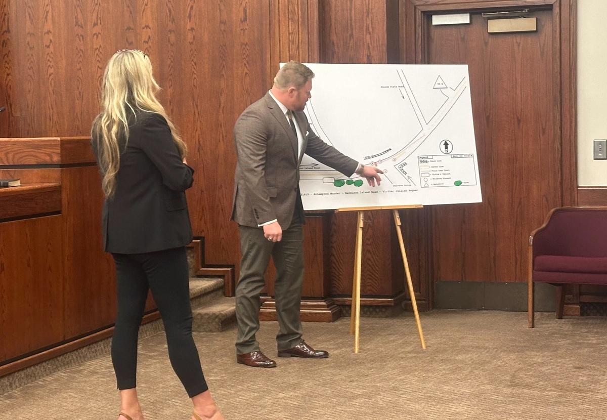 Zachariah Fishman (right), an investigator with the Beaufort County Sheriff’s Office, presented his crime scene diagram to prosecutor Hunter Swanson during testimony June 24, 2025, in the trial for the murder of Okatie resident Jillian Angner. The victim’s ex-boyfriend, Bluffton resident John Patrick Shea, was charged with murder for allegedly opening fire at Angner’s car while she drove her 6-year-old son to school in March 2023.