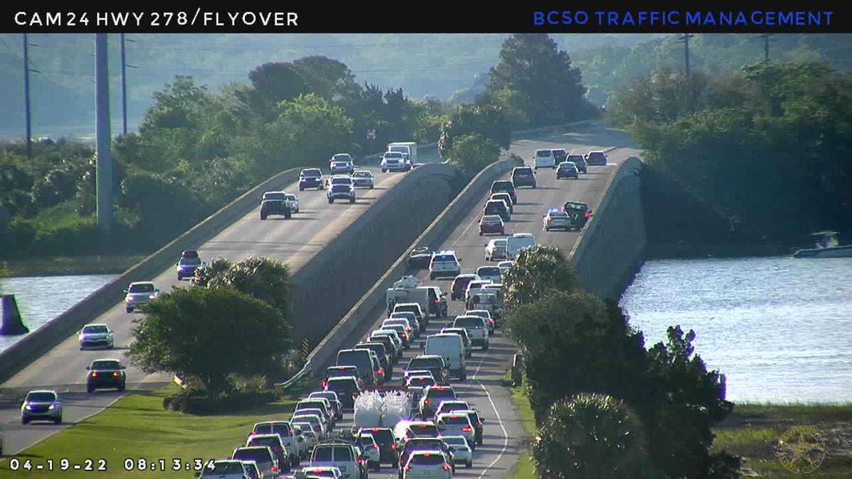 A crash reported at around 7:10 a.m. on Tuesday, April 19, 2022, impacted traffic heading onto Hilton Head Island and a line of cars stretched all the way back to Simmonsville Road.