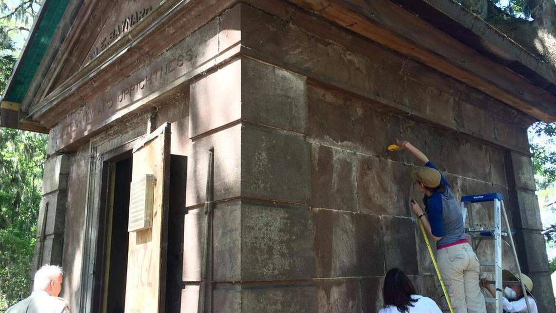 Savannah College of Art and Design students take measurements at the Baynard Mausoleum in Zion Chapel of Ease Cemetery on Hilton Head Island on April 24, 2015.