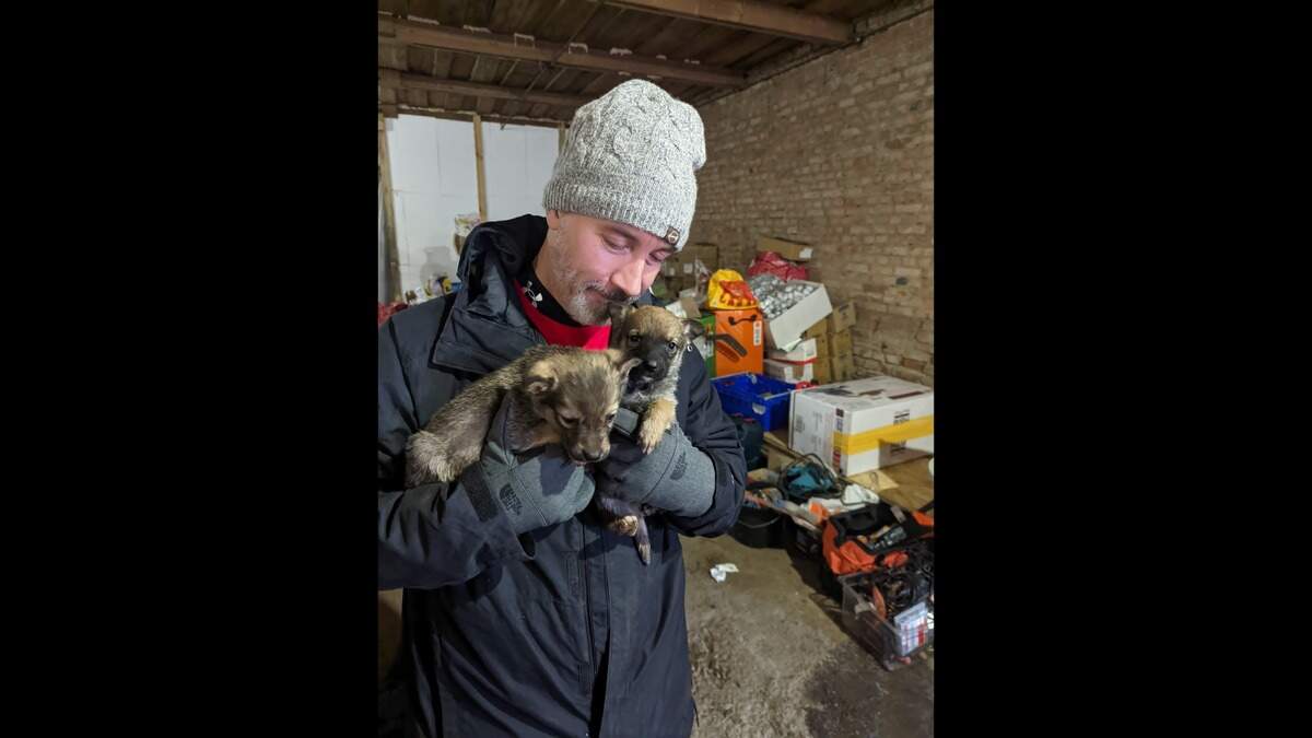 Owner of Hilton Head’s Groomingdales, Jeff Prekop, with two animals he helped rescue on one of his trips to Ukraine amid the Russian invasion.