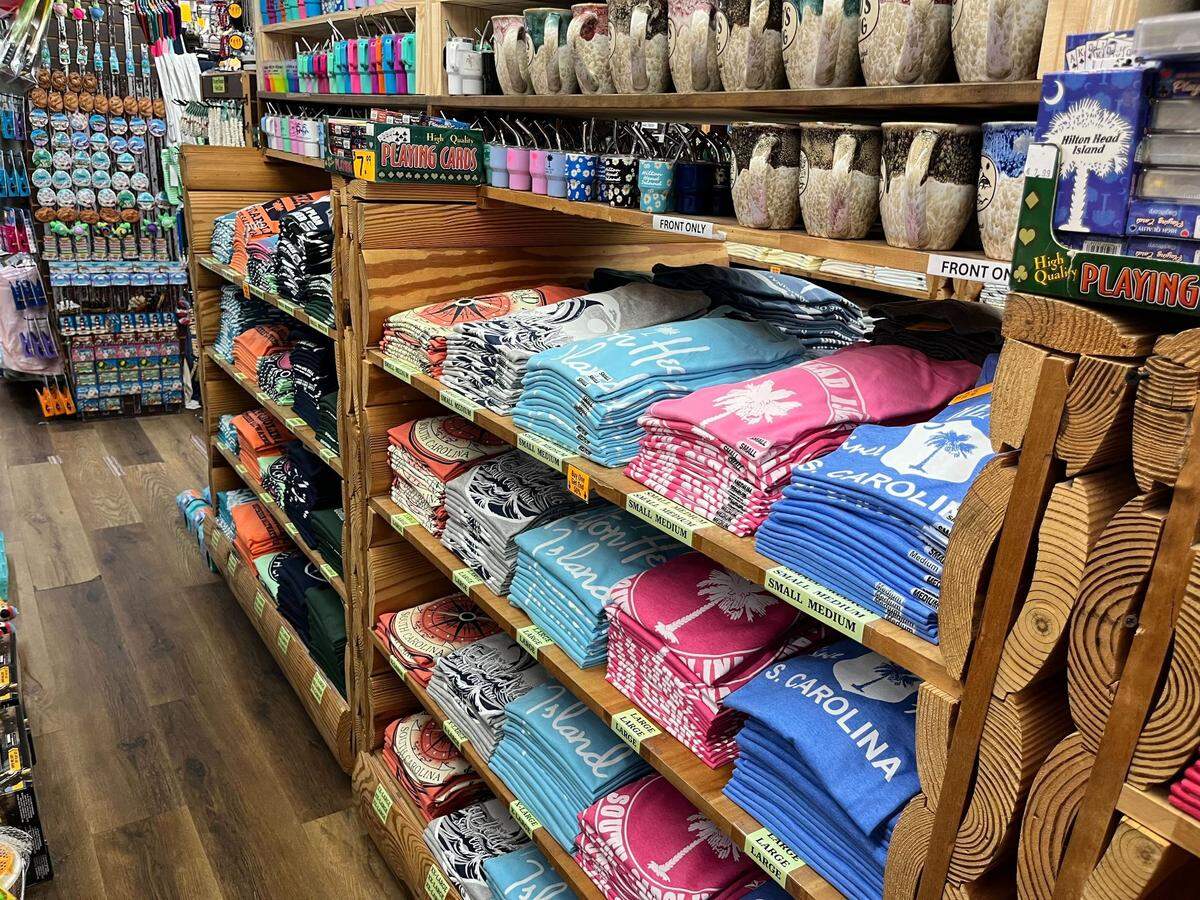 Souvenir shirts and mugs at Hilton Head Beach Company in Beach Market