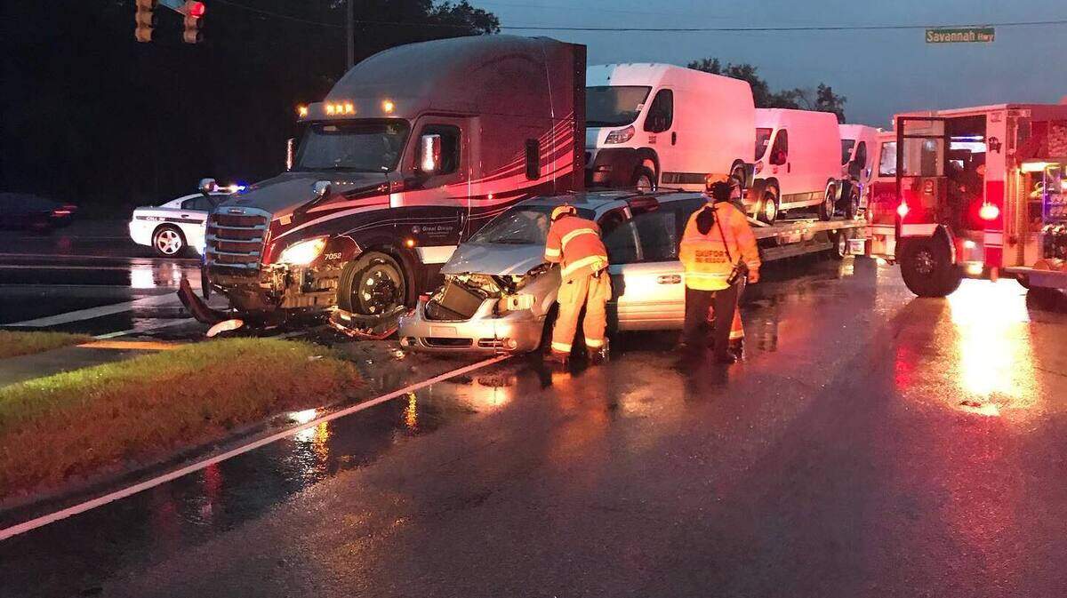 A crash at the intersection of Savannah Highway and Robert Smalls Parkway in northern Beaufort County blocks traffic headed south to Bluffton on Friday morning.