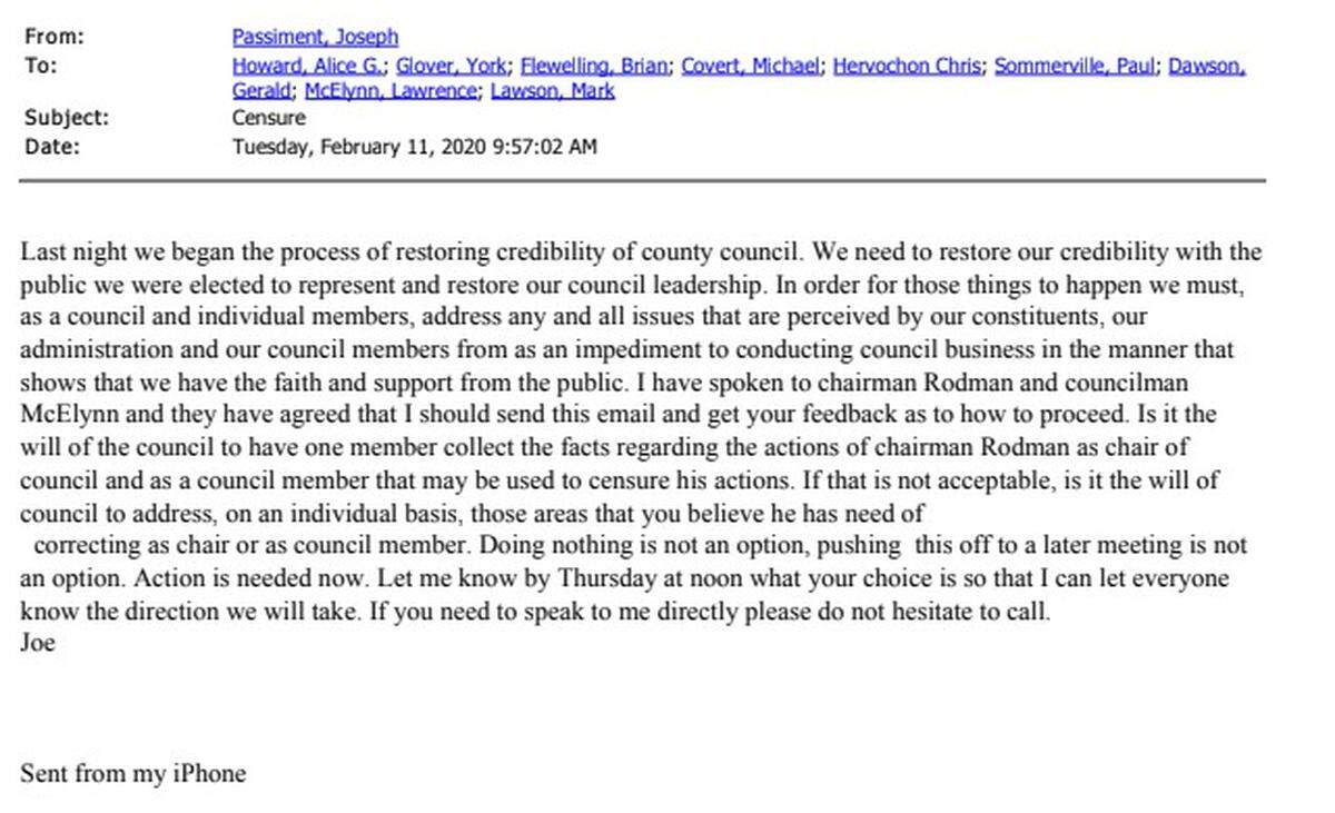 Email from Council member Joe Passiment regarding Chairman Stu Rodman.