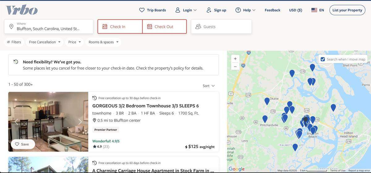 A screenshot of listings in Bluffton on VRBO.