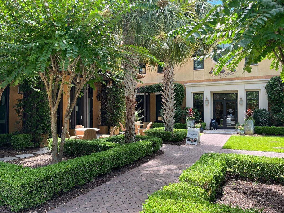 Shared outdoor space of J. Banks Design and Origin Coffee on Hilton Head. July 15, 2025.