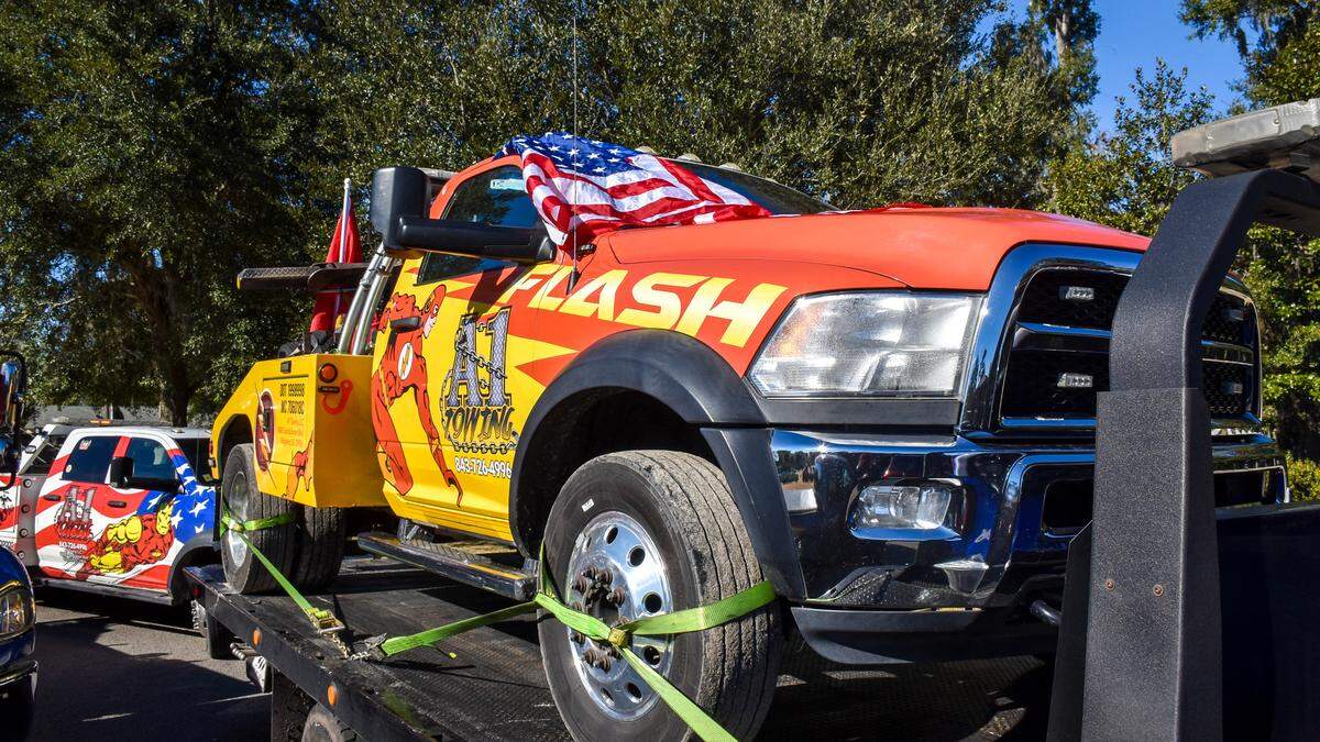 The tow truck that was driven by former A1 Towing employee and 12-year Marine Veteran Eric Albertson on Wed., Jan. 10, 2024 at Beaufort National Cemetery.