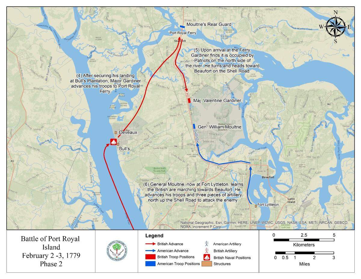 This map shows the positions of the British and American soldiers before they met in a skirmish near present day U.S. Highway 21 across from the Marine Corps Air Station Beaufort in 1779 in a key battle over Port Royal Island, where the British hoped to establish a base.
