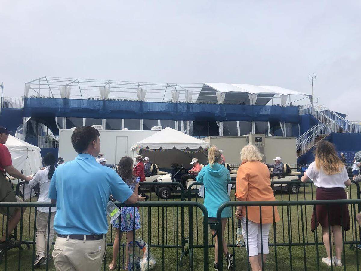 The upper skyboxes on the 18th green of the RBC Heritage Presented by Boeing were closed and taken down Friday morning ahead of strong storms expected to reach Beaufort County.