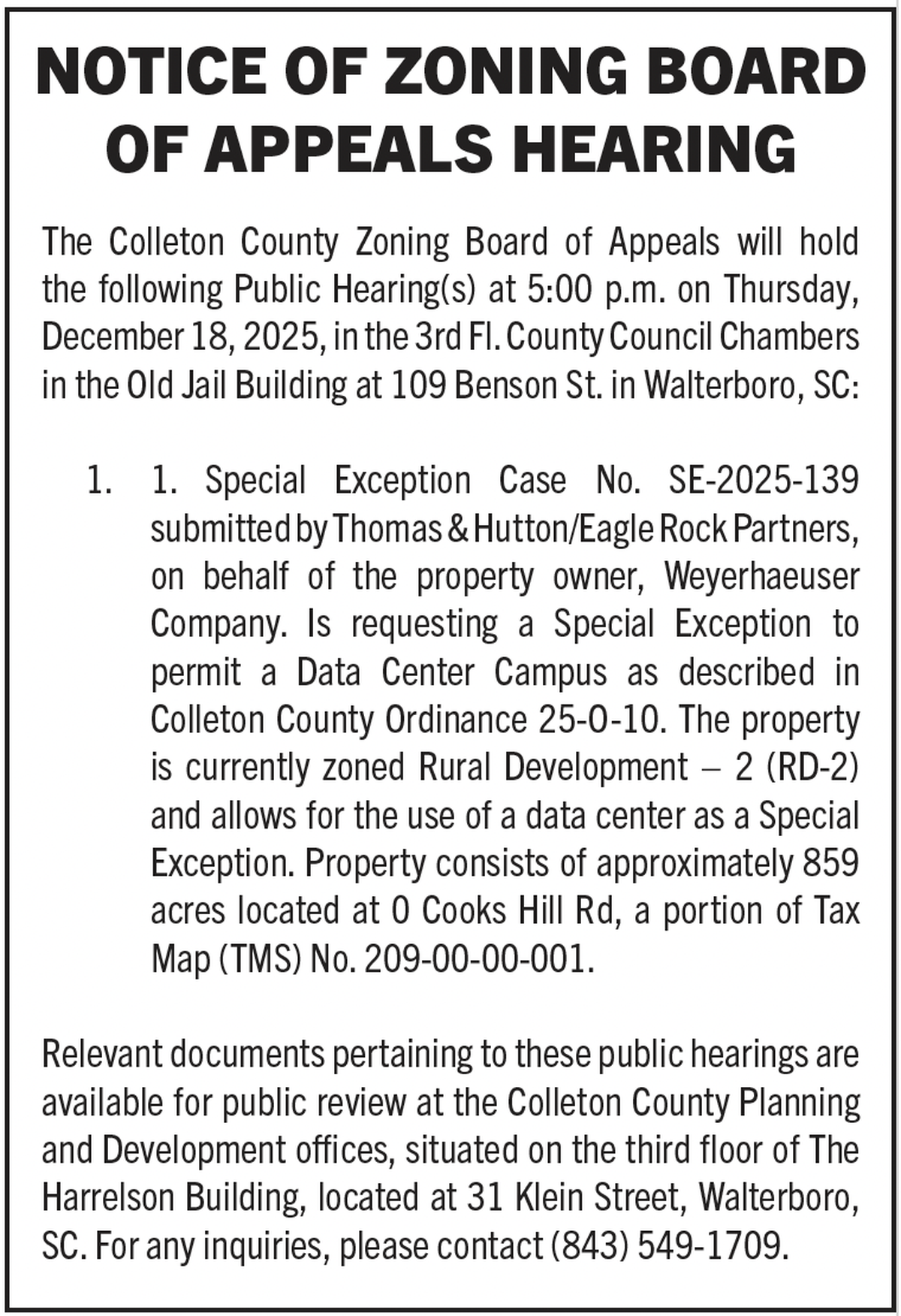 This notice ran in a Dec. 4, 2025 edition of The Press & Standard, a local newspaper in Walterboro.