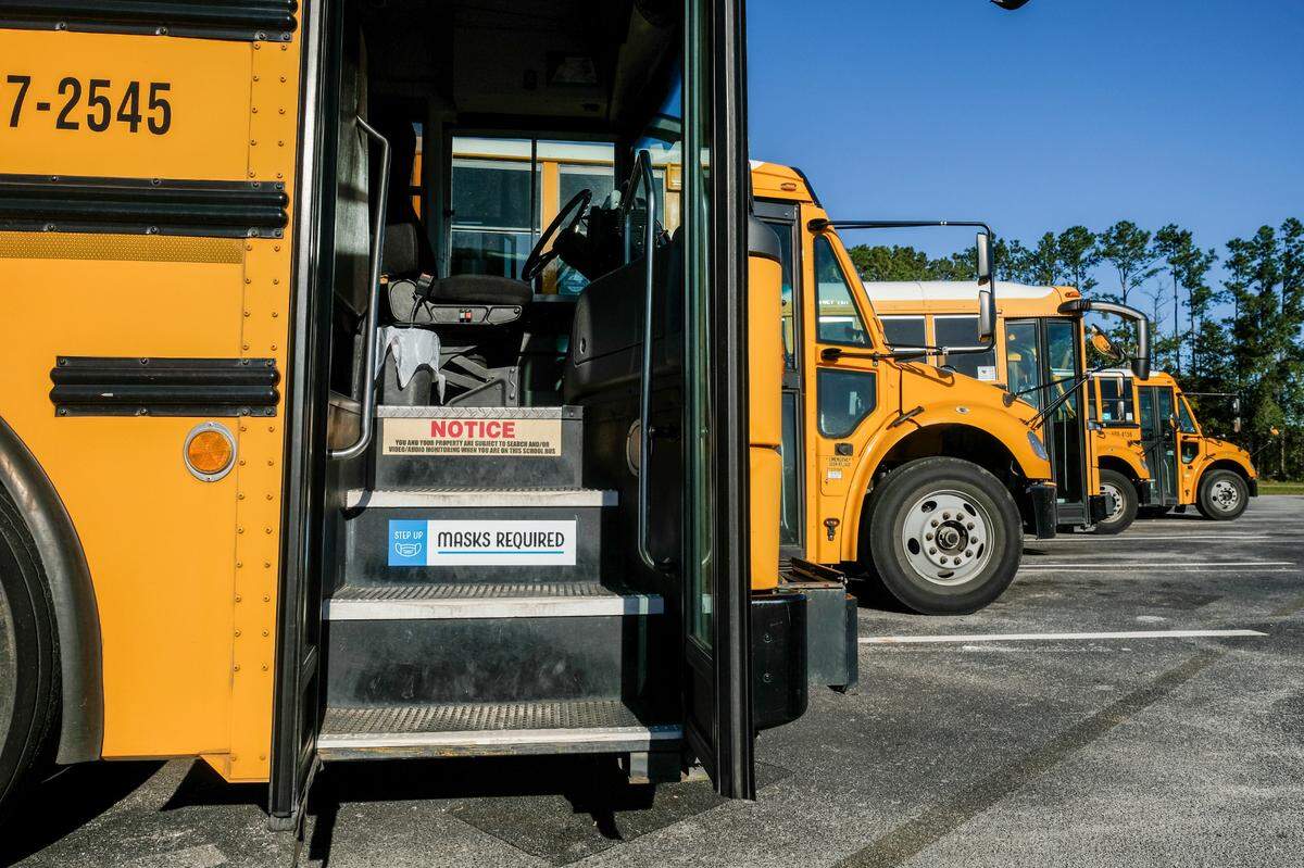 Beaufort County School buses are lined up to be sanitized at Bluffton High School on Nov. 19, 2020 after making their morning rounds of bringing students to their schools south of the Broad River.