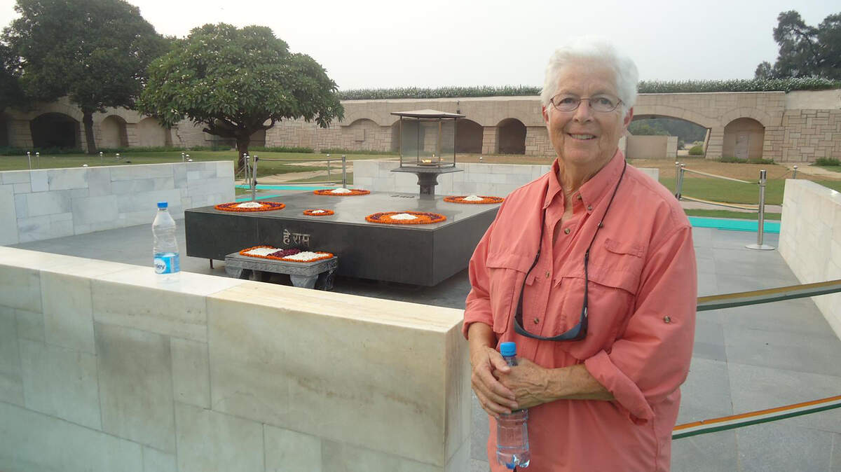 Sally Mayse vists Mahatma Gandhi's grave in Delhi, India.