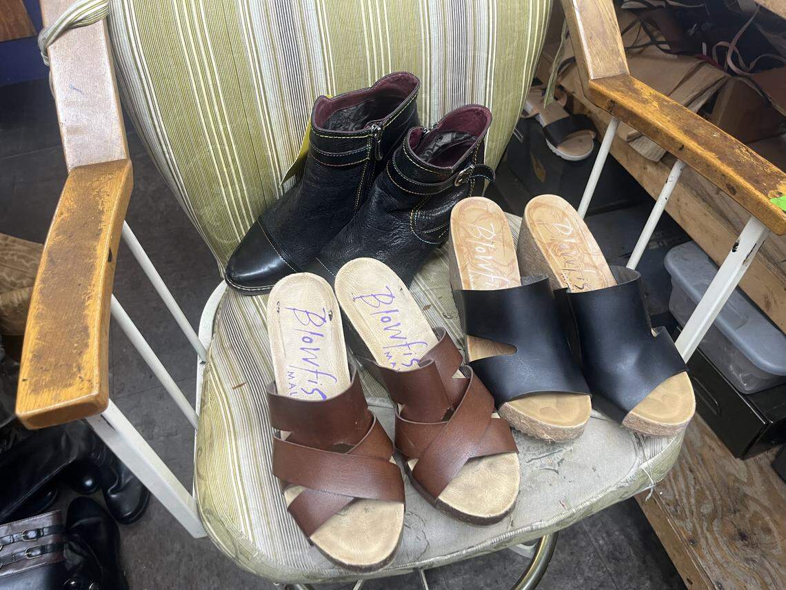 Shoes await repairs at Mobley’s Shoe Repair in Beaufort.