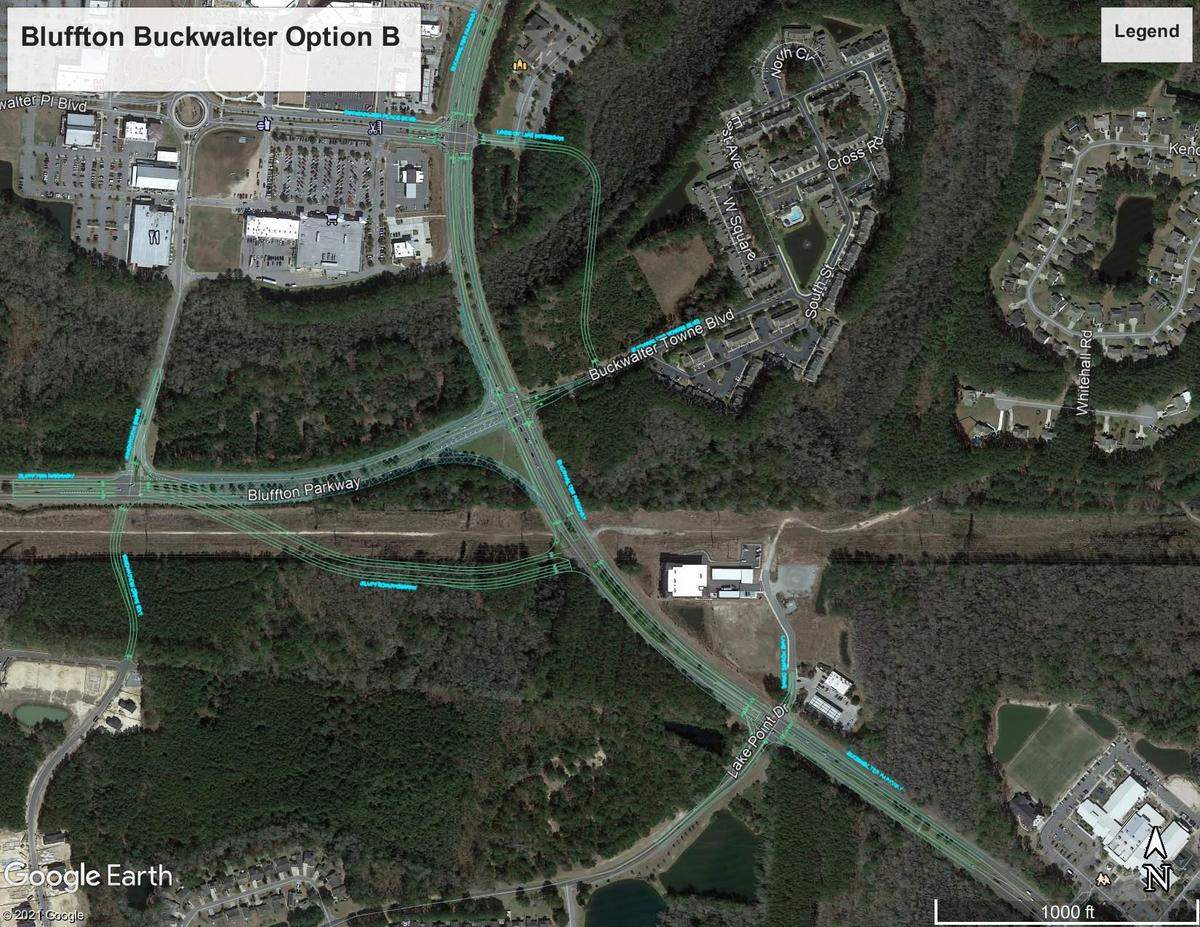Option B for the proposed realignment of Bluffton Parkway at Buckwalter Parkway.