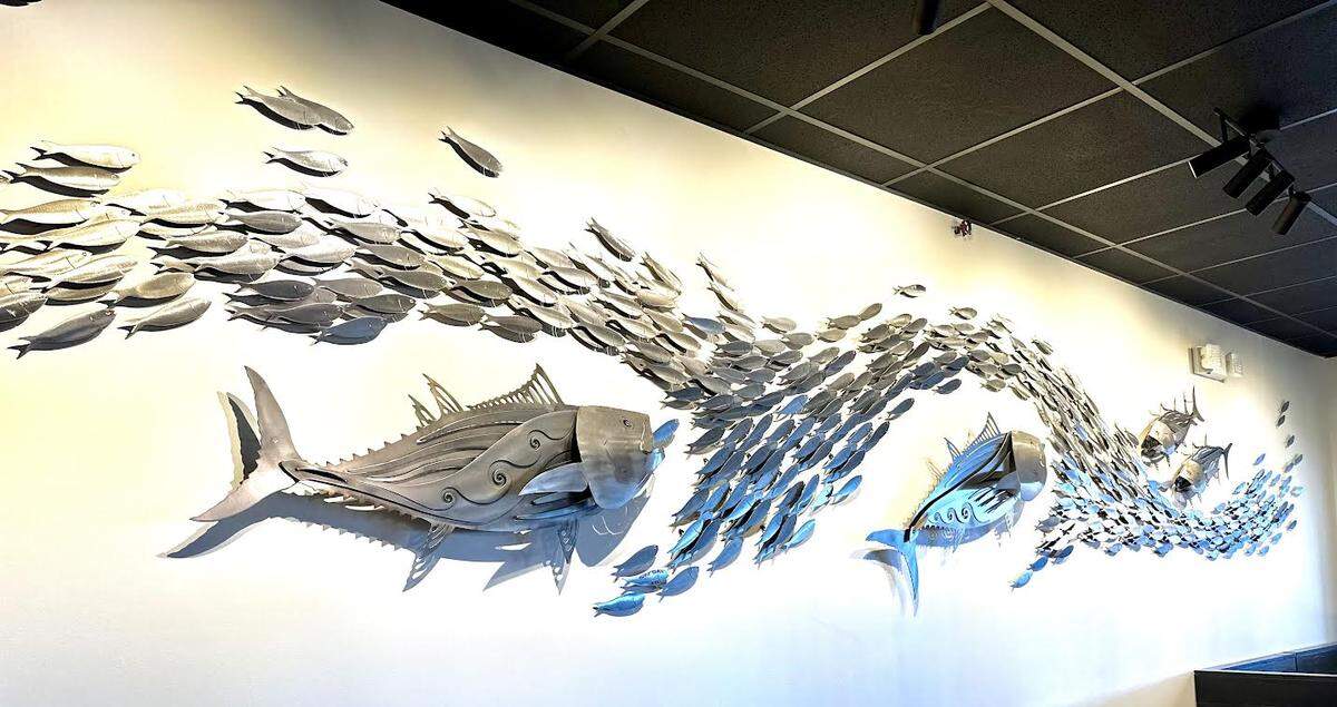 The work of art constructed by artist Steve Swain from Frying Pan Gallery who was flown in from Cape Cod to construct the sculpture on-site. It can be seen in the newly renovated Black Marlin Bayside Grill’s dining area.