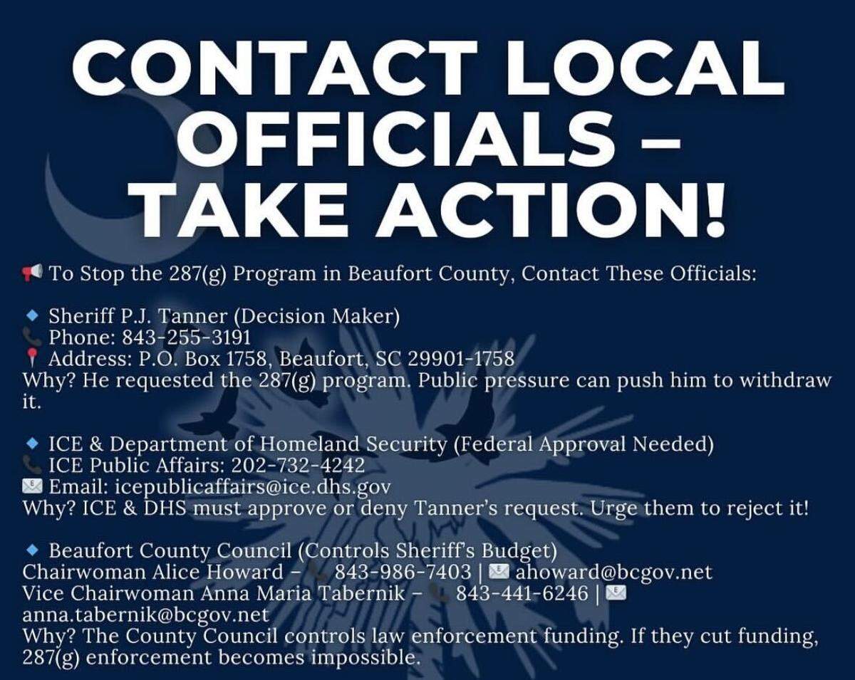 In a screen capture from a social media infographic, Hilton Head Island native Gaby Garcia urged residents to “take action” in opposition to Beaufort County considering the 287(g) program. The initiative creates “task forces” made up of local police officers and agents from Immigration and Customs Enforcement, allowing non-federal officers to enforce immigration law.