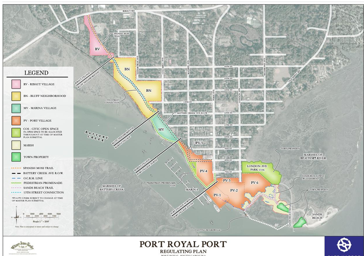 This map shows where the various components of the redevelopment of the Port of Port Royal are located.