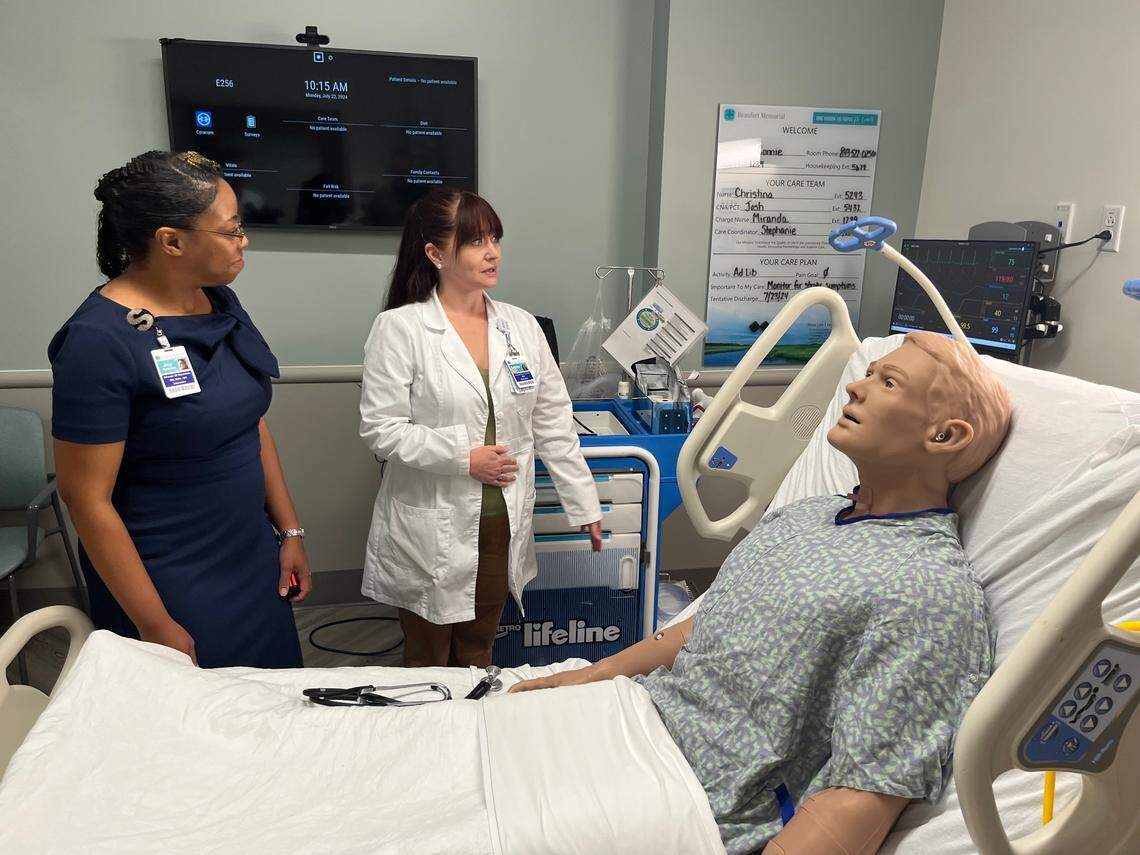 Joy Solomon, director of education and workforce development, and Ashley Brown, clinical resource coordinator, say manikins with artificial intelligence, such as Hal, are improving the training for medical workers at Beaufort Memorial Hospital. The manikins can talk, bleed and blink their eyes. Brown says they even have personality. “He’s a little sassy,” she says of Hal.