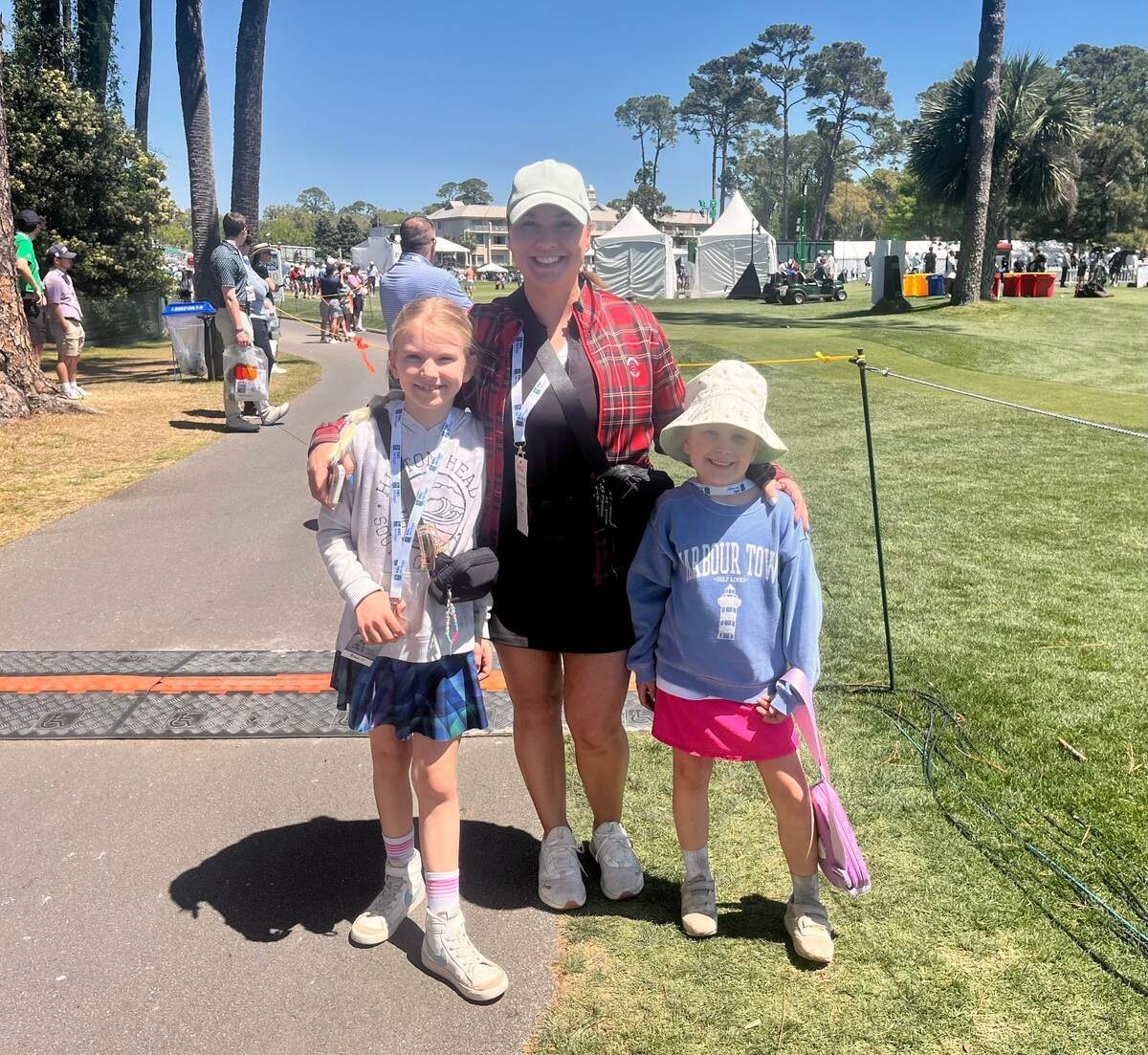 Erica Neitzer in her plaid blazer and her two daughters in springtime Hilton Head gear