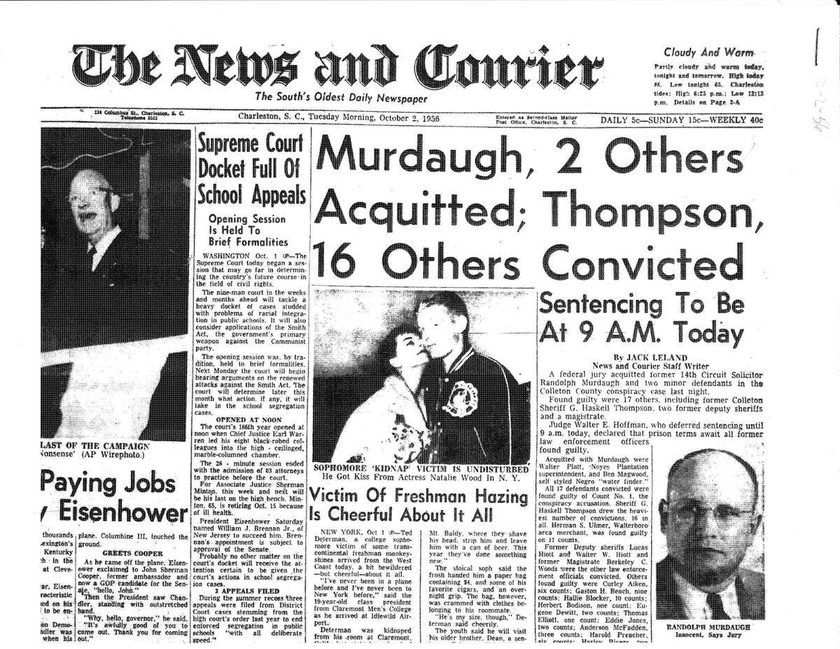 The front page of The News and Courier on Oct. 2, 1956 when 14th Circuit Solicitor Randolph “Buster” Murdaugh Jr. was acquitted of the whiskey conspiracy case
