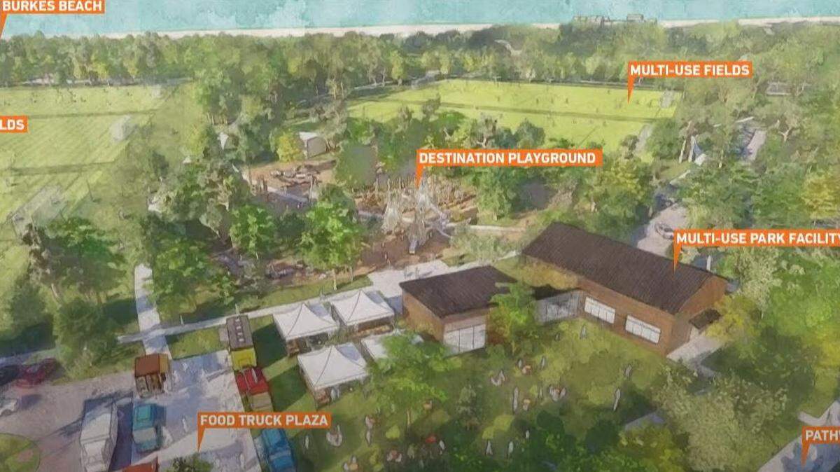 An artist’s rendition of the proposed future Chaplin Community Park, featuring “placeholder” architecture. Graphic created by MKSK.