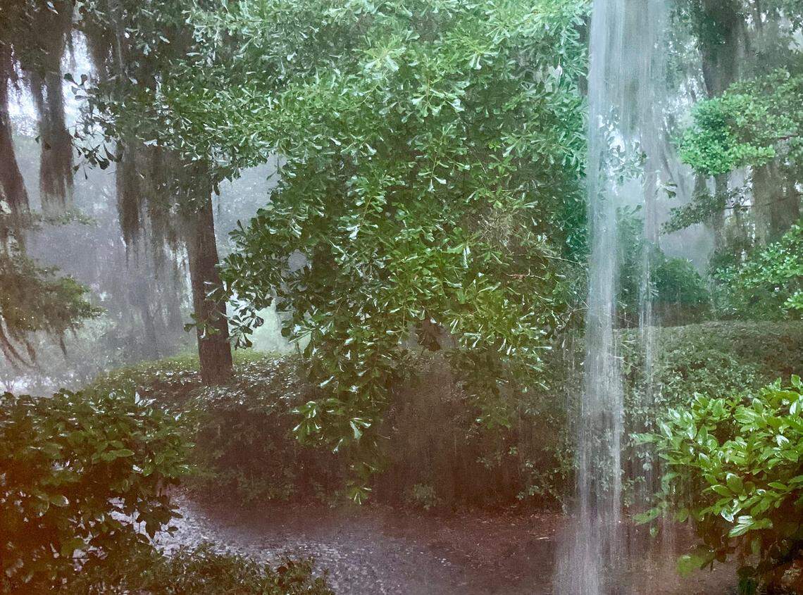 A view from the Island Packet in Bluffton around 4:30 p.m. Wednesday shows rain pouring off the building.