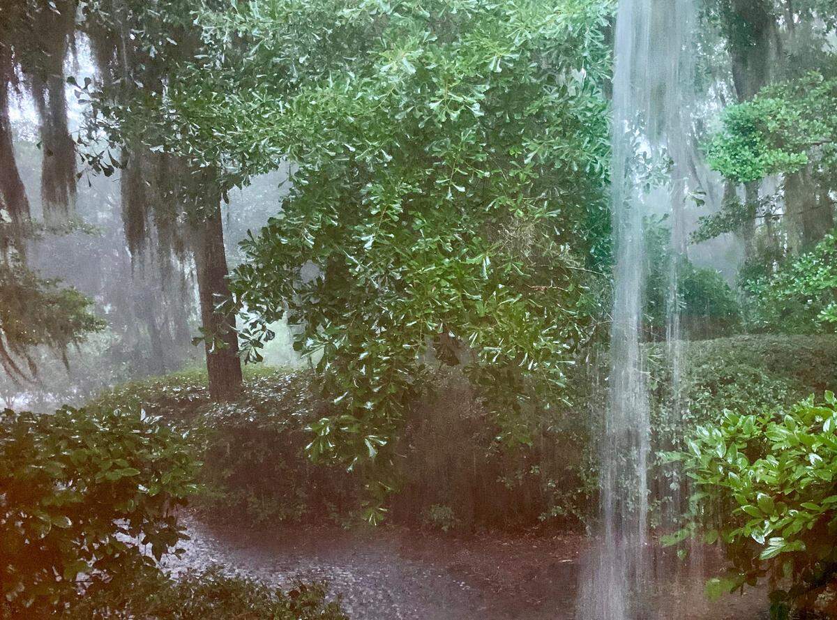 A view from the Island Packet in Bluffton around 4:30 p.m. Wednesday shows rain pouring off the building.