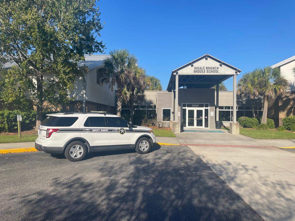 A Beaufort County Sheriff Office car parked outside of Whale Branch Elementary School, which is behind the middle school.