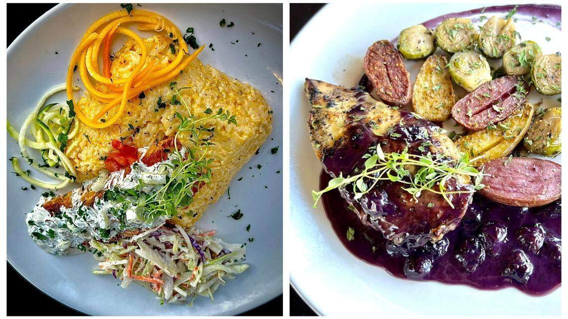 T. Swift’s Grilled Salmon (left) and On Blueberry Hill are two of the main dishes on Kind of Blue’s menu. The restaurant is celebrating its grand opening on Thursday, Sept. 22, 2022.