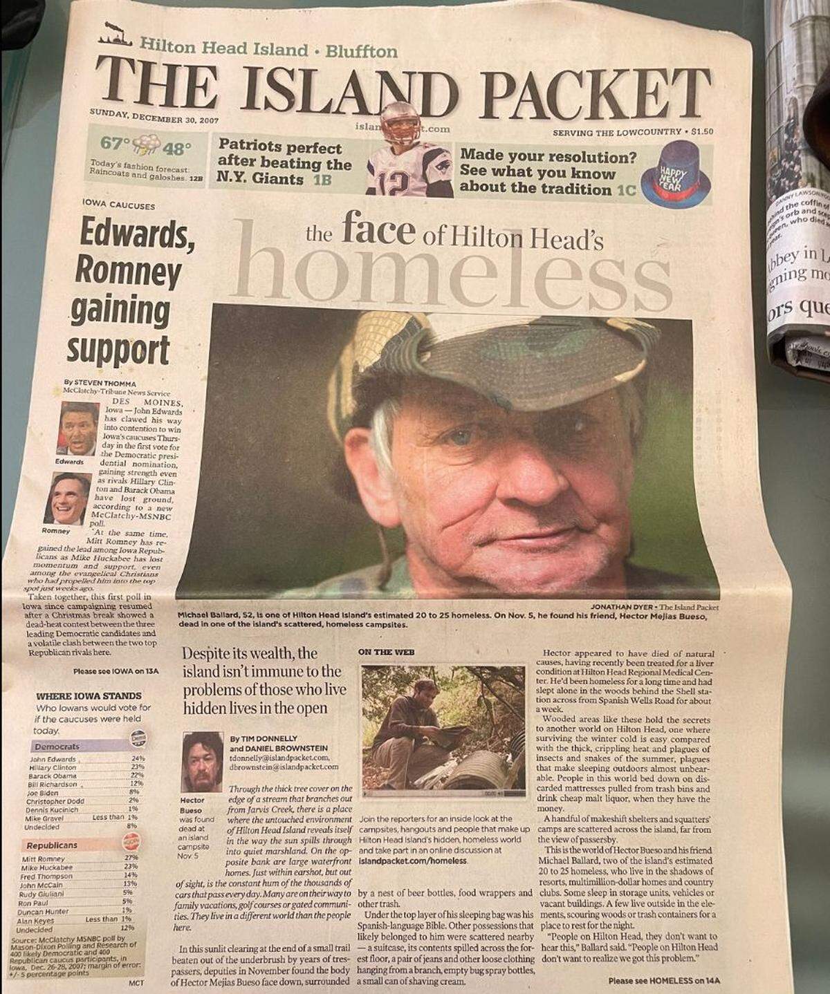 Here is a December 2007 Island Packet print edition in which Brownstein and Donnelly’s article about Bueso’s death and the unhoused community on Hilton Head appeared.