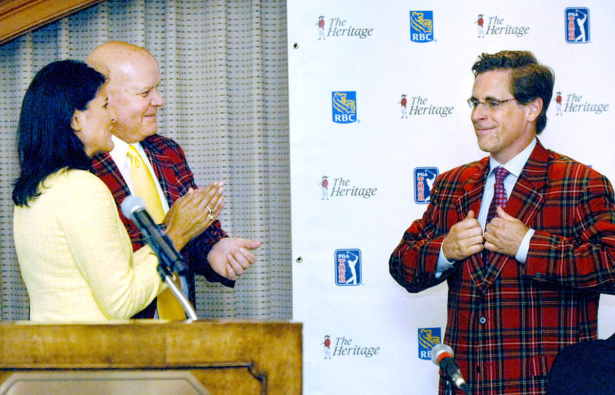 From left, S.C. Gov. Nikki Haley, and Heritage Classic Foundation Chairman Simon Fraser applaud as Royal Bank of Canada Chief Brand & Communication's Officer Jim Little puts on a Heritage tartan jacket during Thursday's press conference at Harbour Town where it was announced that RBC will become the new title sponsor for the Heritage golf tournament through 2016.