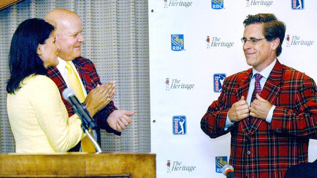 From left, S.C. Gov. Nikki Haley, and Heritage Classic Foundation Chairman Simon Fraser applaud as Royal Bank of Canada Chief Brand & Communication's Officer Jim Little puts on a Heritage tartan jacket during Thursday's press conference at Harbour Town where it was announced that RBC will become the new title sponsor for the Heritage golf tournament through 2016.