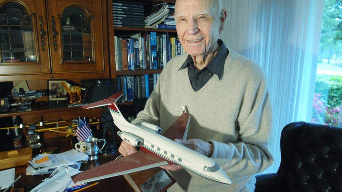Goldie Glenn holds a model Gulfstream 3 jet. The Hilton Head Island resident is being inducted into the Georgia Aviation Hall of Fame.