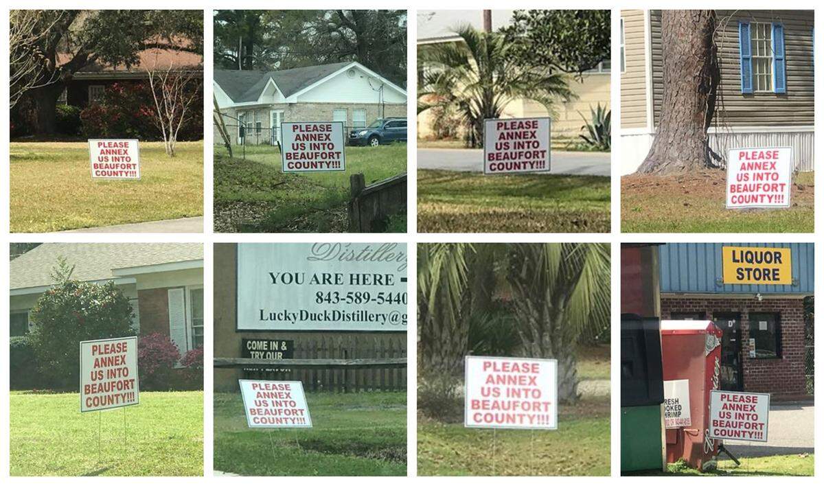 Dozens of yard signs saying “Please annex us into Beaufort County!!!” are sprinkled throughout the Town of Yemassee as a petition for annexation into Beaufort County garners signatures and attention.