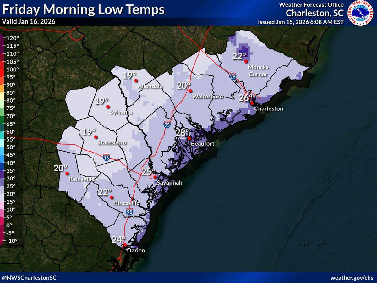 On Friday, Jan. 16, 2026, lows will dip into the upper teens and lower 20s, with freezing conditions expected to last for 8 to 12 hours.