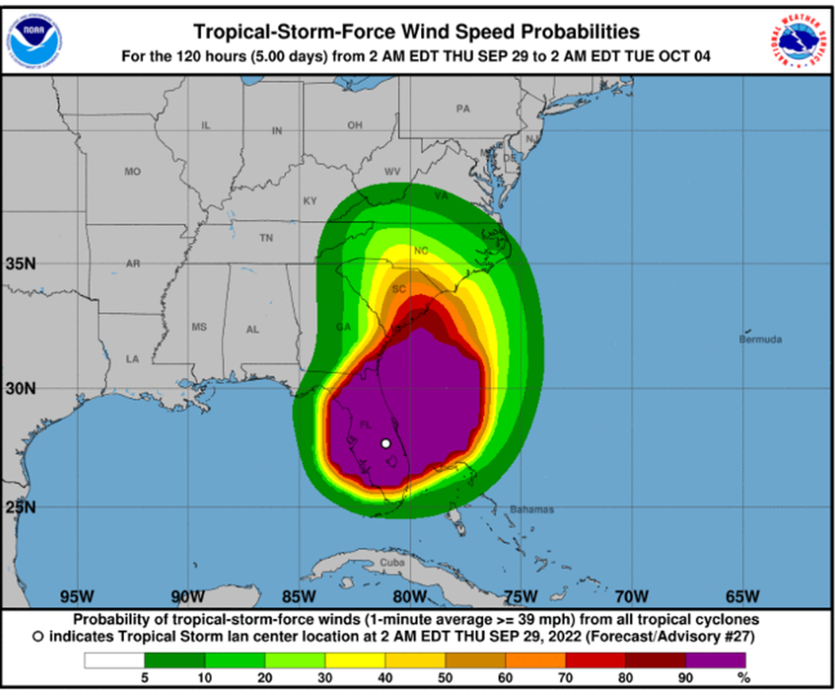 Wind speed probabilities for Tropical Storm Ian.
