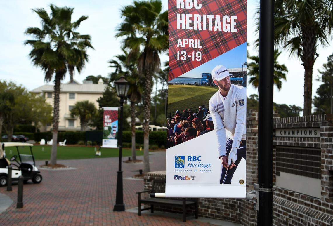 Signs outside the Harbour Town Clubhouse as seen on Tuesday, March 17, 2020, promote this years mid-April RBC Heritage at Harbour Town Golf Links in Sea Pines on Hilton Head Island.